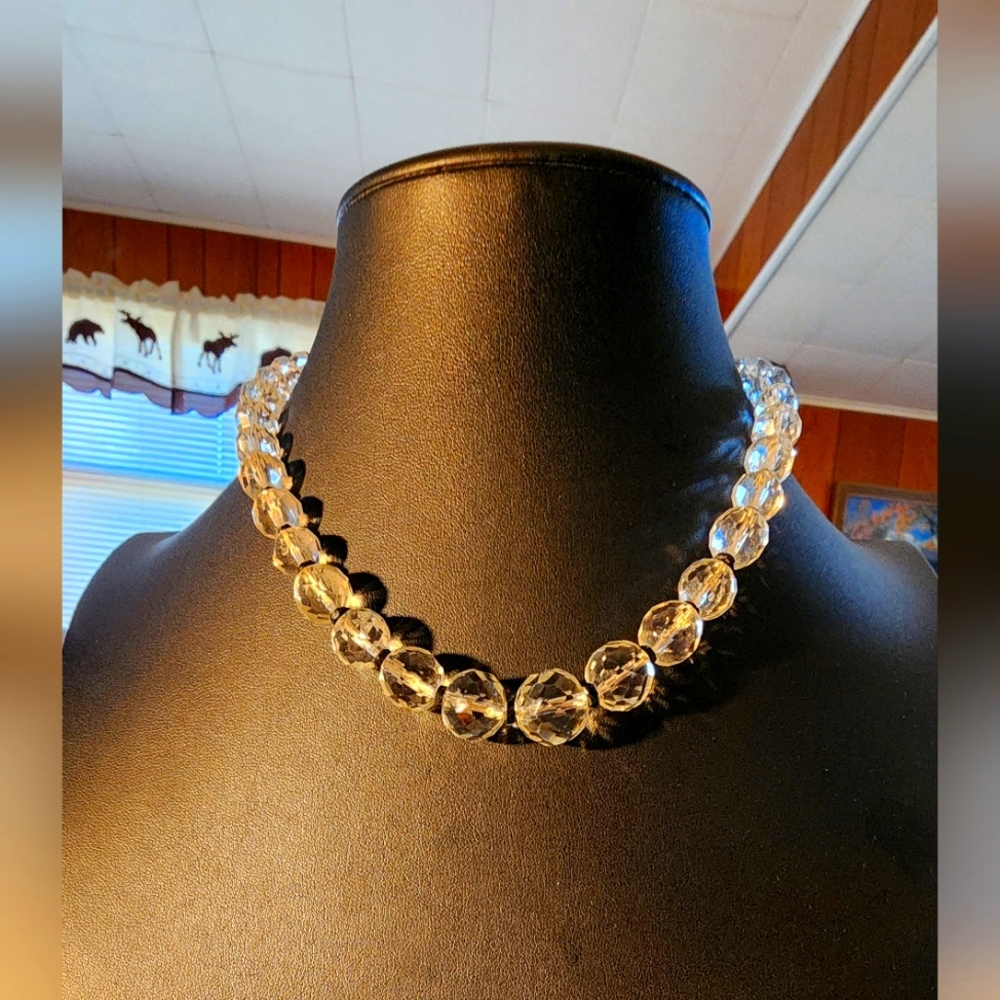 Vintage Crystal Bead Necklace – Single Strand Faceted Clear Beads